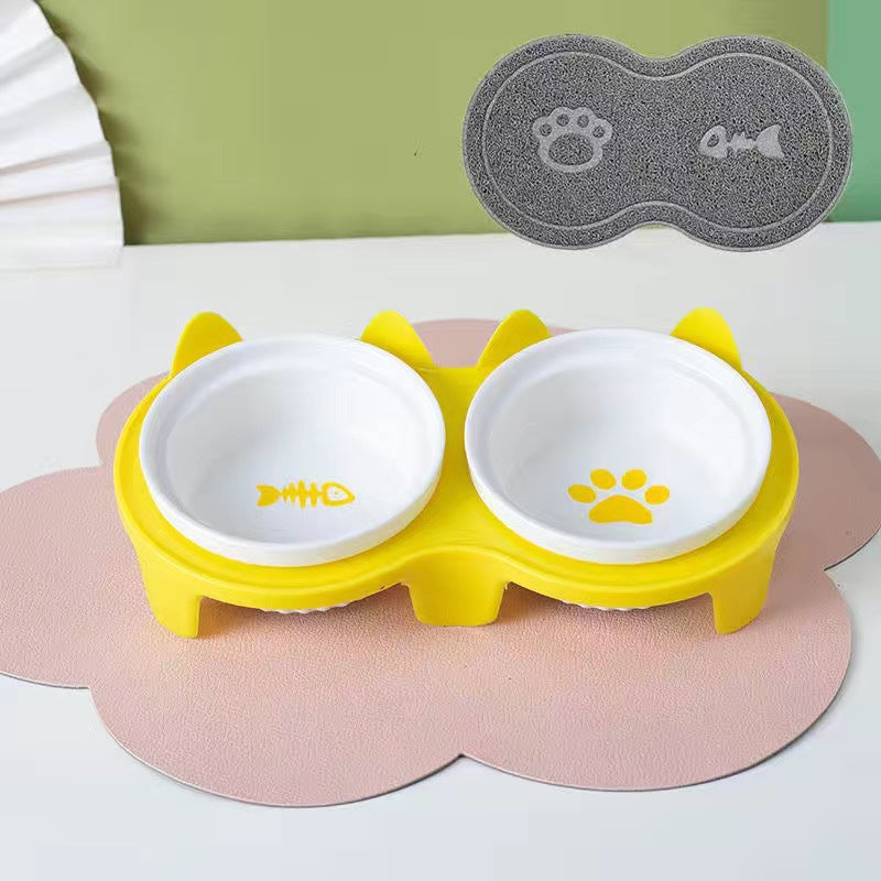 KFX-2300733 Ceramic Double Pet Bowl Set with Rack and Non-Slip Mat - Water and Food Bowl for Cats and Dogs