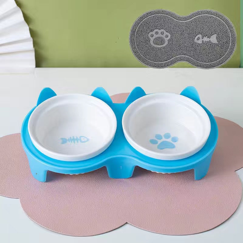 KFX-2300733 Ceramic Double Pet Bowl Set with Rack and Non-Slip Mat - Water and Food Bowl for Cats and Dogs