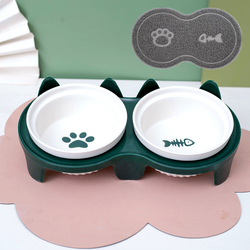 KFX-2300733 Ceramic Double Pet Bowl Set with Rack and Non-Slip Mat - Water and Food Bowl for Cats and Dogs
