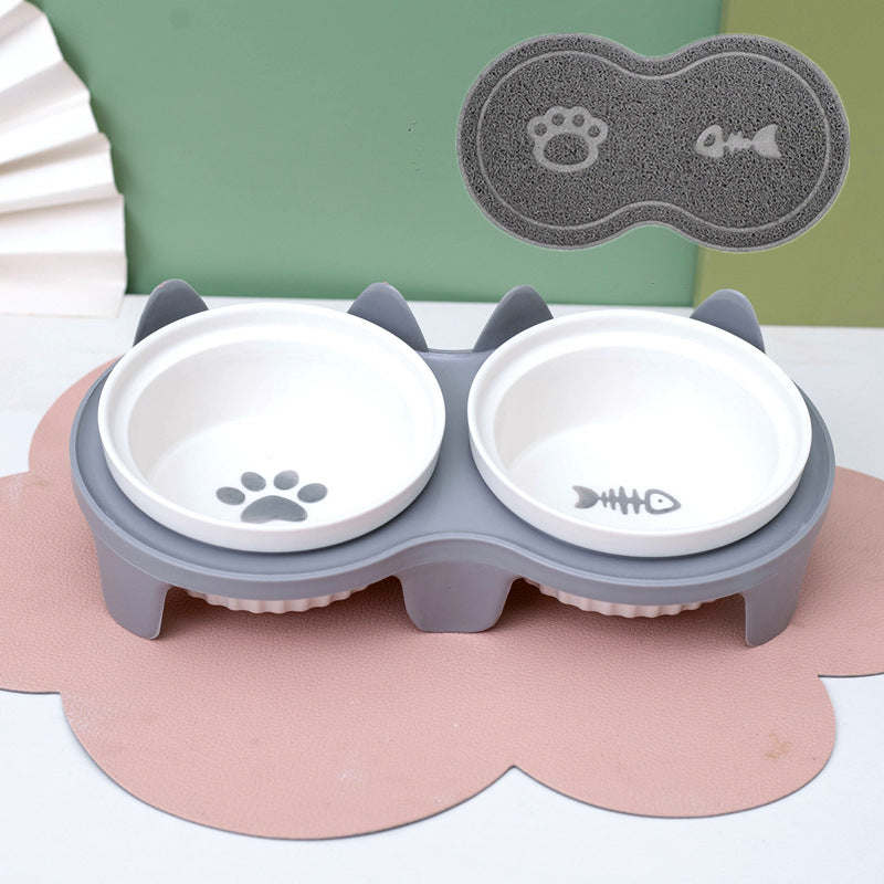 KFX-2300733 Ceramic Double Pet Bowl Set with Rack and Non-Slip Mat - Water and Food Bowl for Cats and Dogs