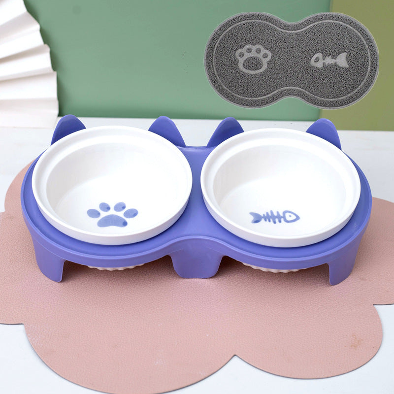 KFX-2300733 Ceramic Double Pet Bowl Set with Rack and Non-Slip Mat - Water and Food Bowl for Cats and Dogs