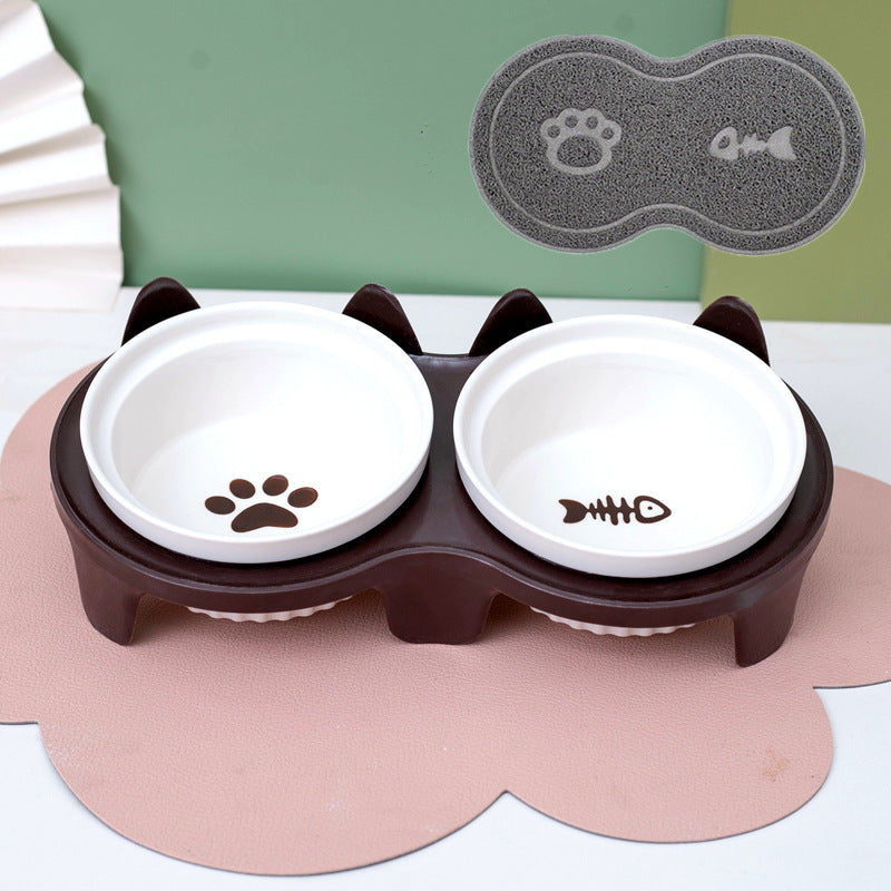 KFX-2300733 Ceramic Double Pet Bowl Set with Rack and Non-Slip Mat - Water and Food Bowl for Cats and Dogs