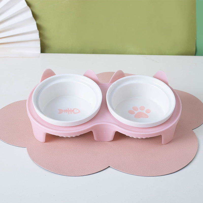 KFX-2300733 Ceramic Double Pet Bowl Set with Rack and Non-Slip Mat - Water and Food Bowl for Cats and Dogs