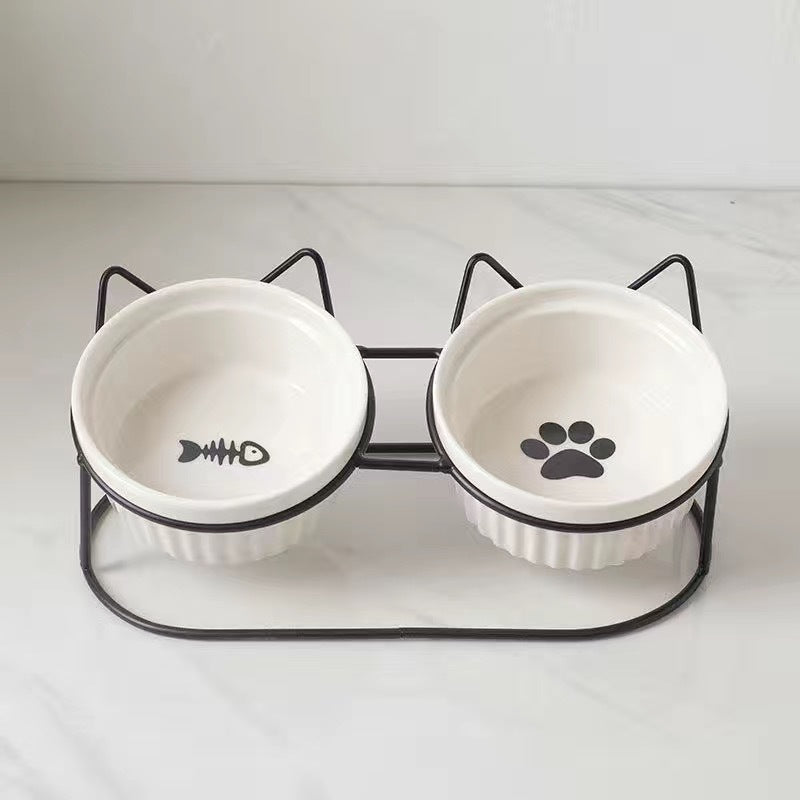 KFX-2300733 Ceramic Double Pet Bowl Set with Rack and Non-Slip Mat - Water and Food Bowl for Cats and Dogs