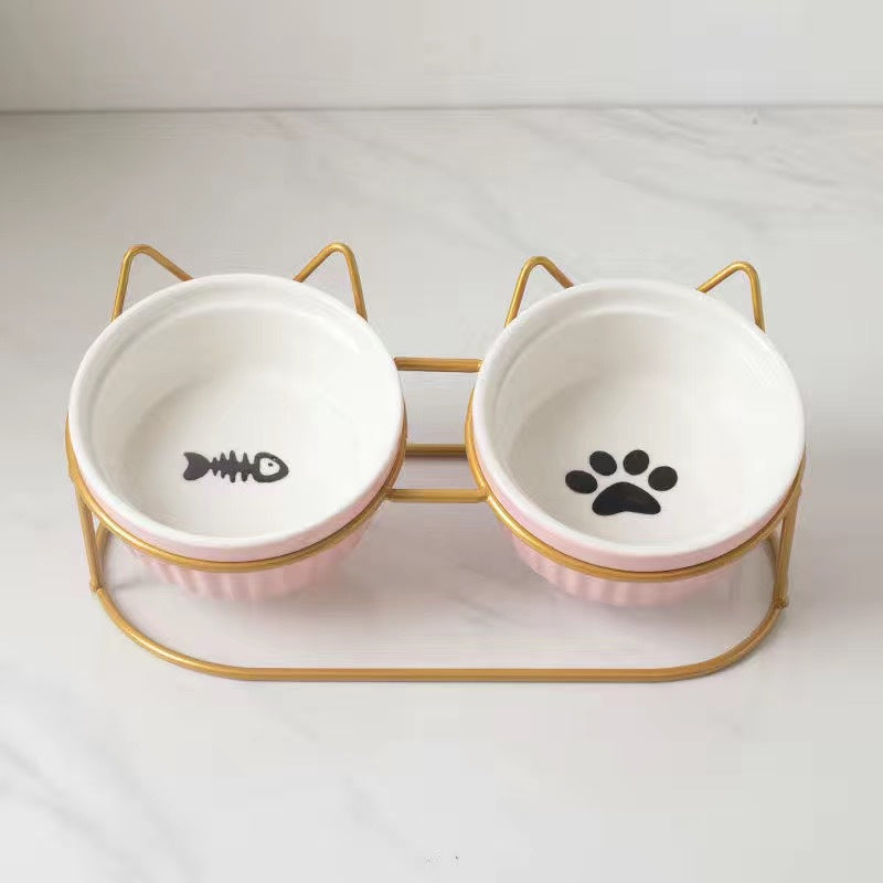 KFX-2300733 Ceramic Double Pet Bowl Set with Rack and Non-Slip Mat - Water and Food Bowl for Cats and Dogs