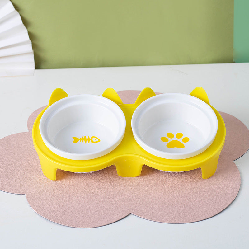 KFX-2300733 Ceramic Double Pet Bowl Set with Rack and Non-Slip Mat - Water and Food Bowl for Cats and Dogs