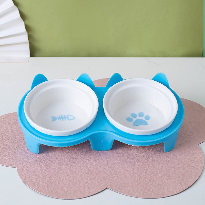 KFX-2300733 Ceramic Double Pet Bowl Set with Rack and Non-Slip Mat - Water and Food Bowl for Cats and Dogs