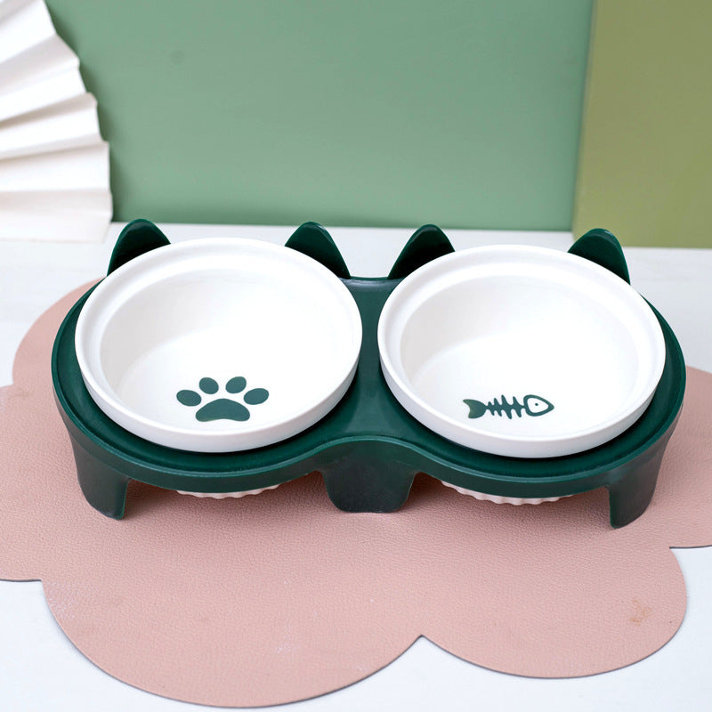 KFX-2300733 Ceramic Double Pet Bowl Set with Rack and Non-Slip Mat - Water and Food Bowl for Cats and Dogs