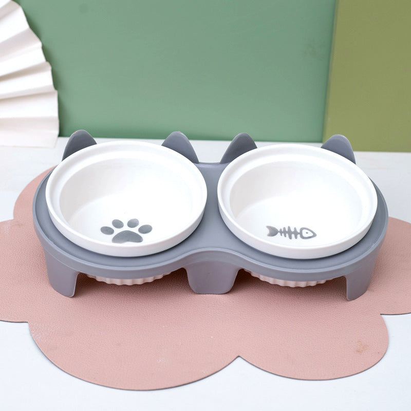 KFX-2300733 Ceramic Double Pet Bowl Set with Rack and Non-Slip Mat - Water and Food Bowl for Cats and Dogs