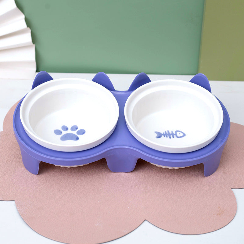 KFX-2300733 Ceramic Double Pet Bowl Set with Rack and Non-Slip Mat - Water and Food Bowl for Cats and Dogs