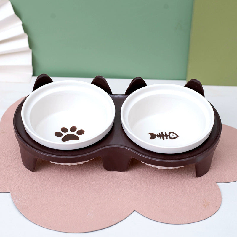 KFX-2300733 Ceramic Double Pet Bowl Set with Rack and Non-Slip Mat - Water and Food Bowl for Cats and Dogs