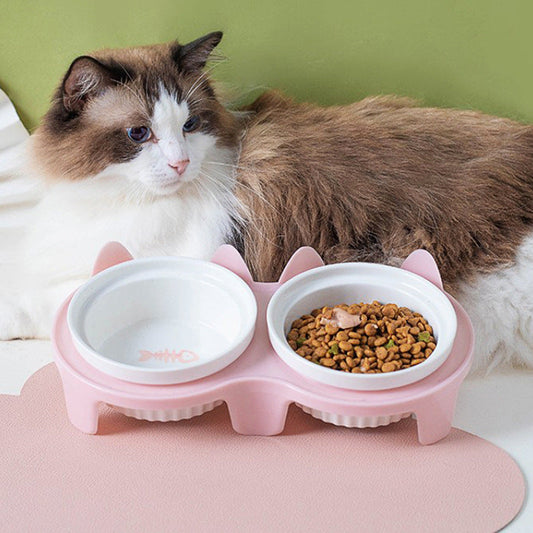 KFX-2300733 Ceramic Double Pet Bowl Set with Rack and Non-Slip Mat - Water and Food Bowl for Cats and Dogs