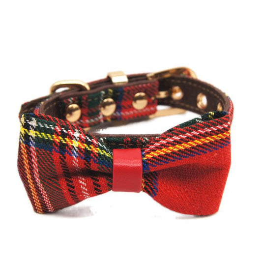 KFX-2306493 Red Plaid Bowknot Detachable Universal Pet Collar for Cats and Dogs - Leather, Adjustable Sizes S to XL