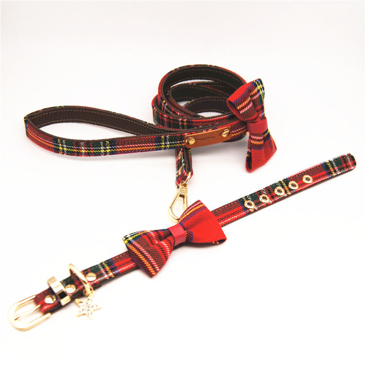 KFX-2306493 Red Plaid Bowknot Detachable Universal Pet Collar for Cats and Dogs - Leather, Adjustable Sizes S to XL