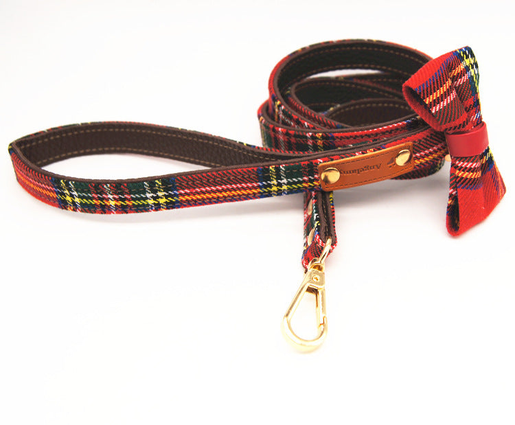 KFX-2306493 Red Plaid Bowknot Detachable Universal Pet Collar for Cats and Dogs - Leather, Adjustable Sizes S to XL
