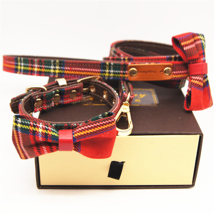 KFX-2306493 Red Plaid Bowknot Detachable Universal Pet Collar for Cats and Dogs - Leather, Adjustable Sizes S to XL