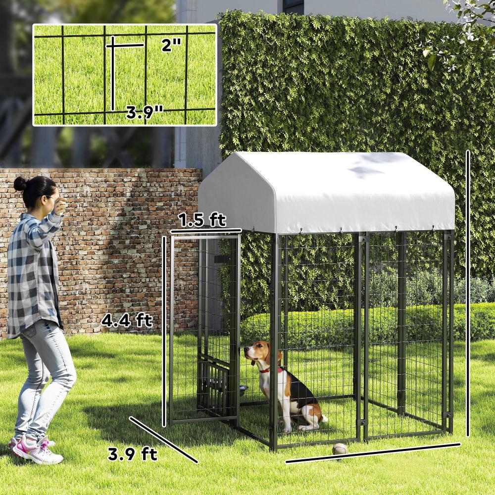 KFX-2313917 Outdoor Dog Kennel with Adjustable Bowls, Waterproof Cover, and Secure Locking Gate, 3.9 x 3.9 x 6 ft