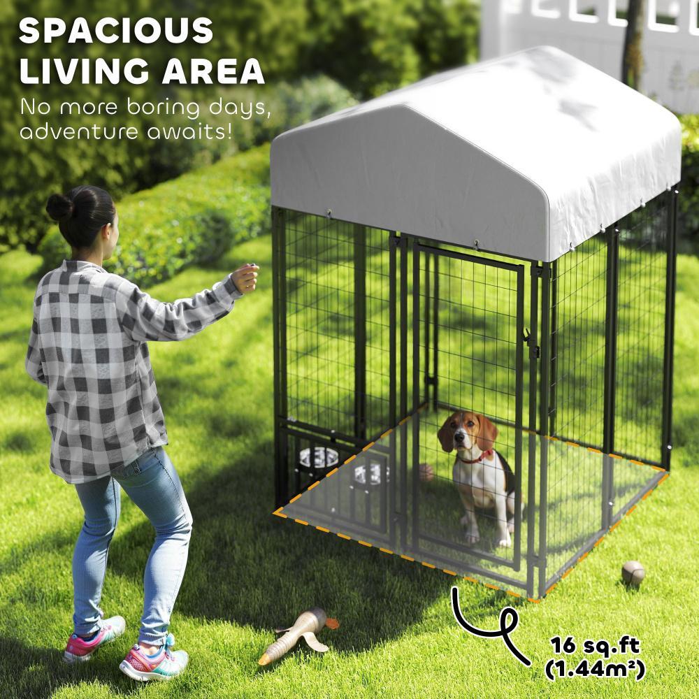 KFX-2313917 Outdoor Dog Kennel with Adjustable Bowls, Waterproof Cover, and Secure Locking Gate, 3.9 x 3.9 x 6 ft