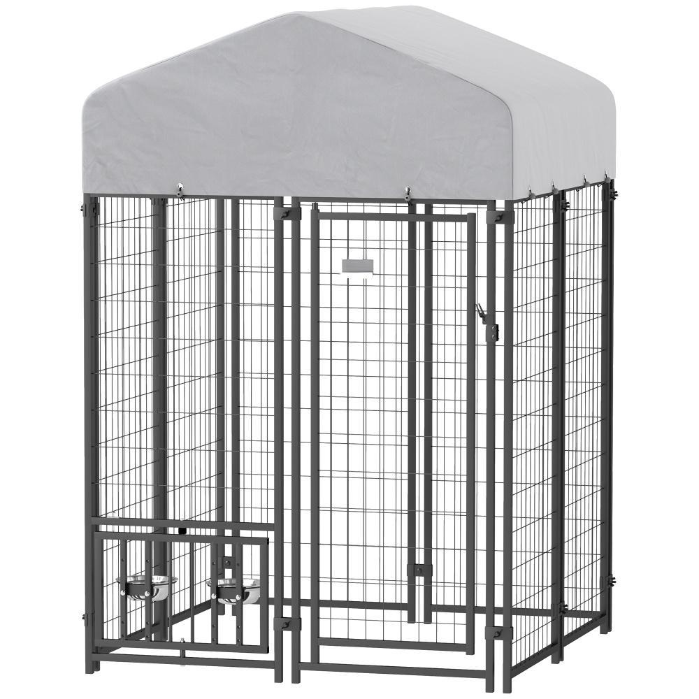 KFX-2313917 Outdoor Dog Kennel with Adjustable Bowls, Waterproof Cover, and Secure Locking Gate, 3.9 x 3.9 x 6 ft
