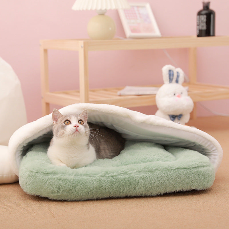 KFX-2316093 Cozy Flower Tea Cup Cat Sleeping Bag in Milk (Coffee/Green) - Size S/M