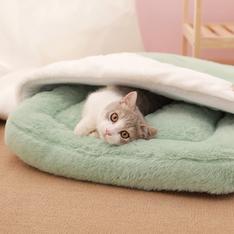 KFX-2316093 Cozy Flower Tea Cup Cat Sleeping Bag in Milk (Coffee/Green) - Size S/M