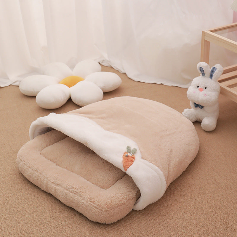 KFX-2316093 Cozy Flower Tea Cup Cat Sleeping Bag in Milk (Coffee/Green) - Size S/M