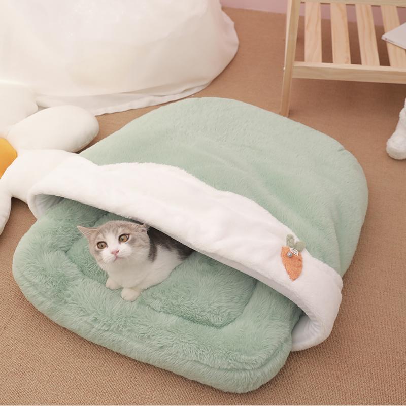 KFX-2316093 Cozy Flower Tea Cup Cat Sleeping Bag in Milk (Coffee/Green) - Size S/M