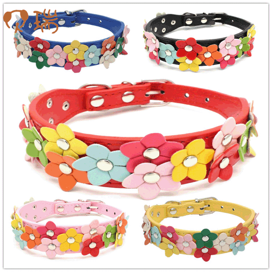 KFX-2318013 Double Row Colorful Flower Dog Collar - Durable PU Material - Adjustable Sizes S & M