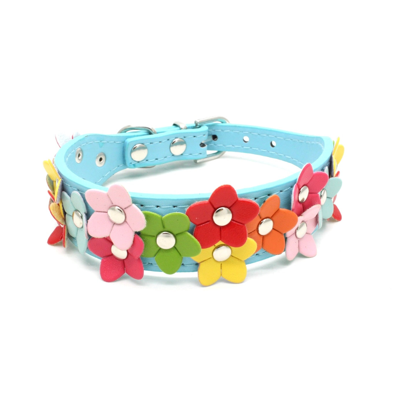 KFX-2318013 Double Row Colorful Flower Dog Collar - Durable PU Material - Adjustable Sizes S & M