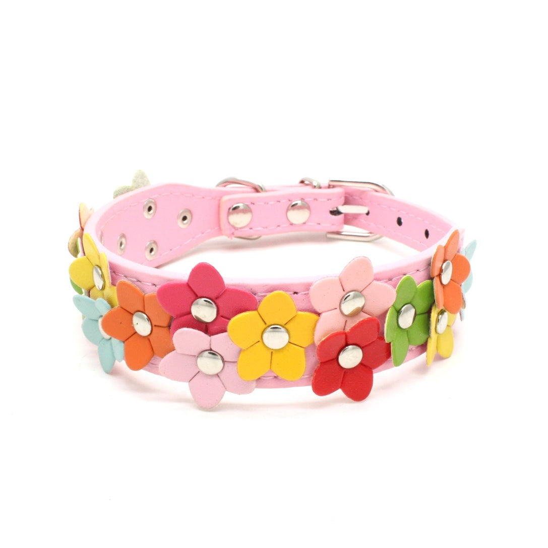 KFX-2318013 Double Row Colorful Flower Dog Collar - Durable PU Material - Adjustable Sizes S & M