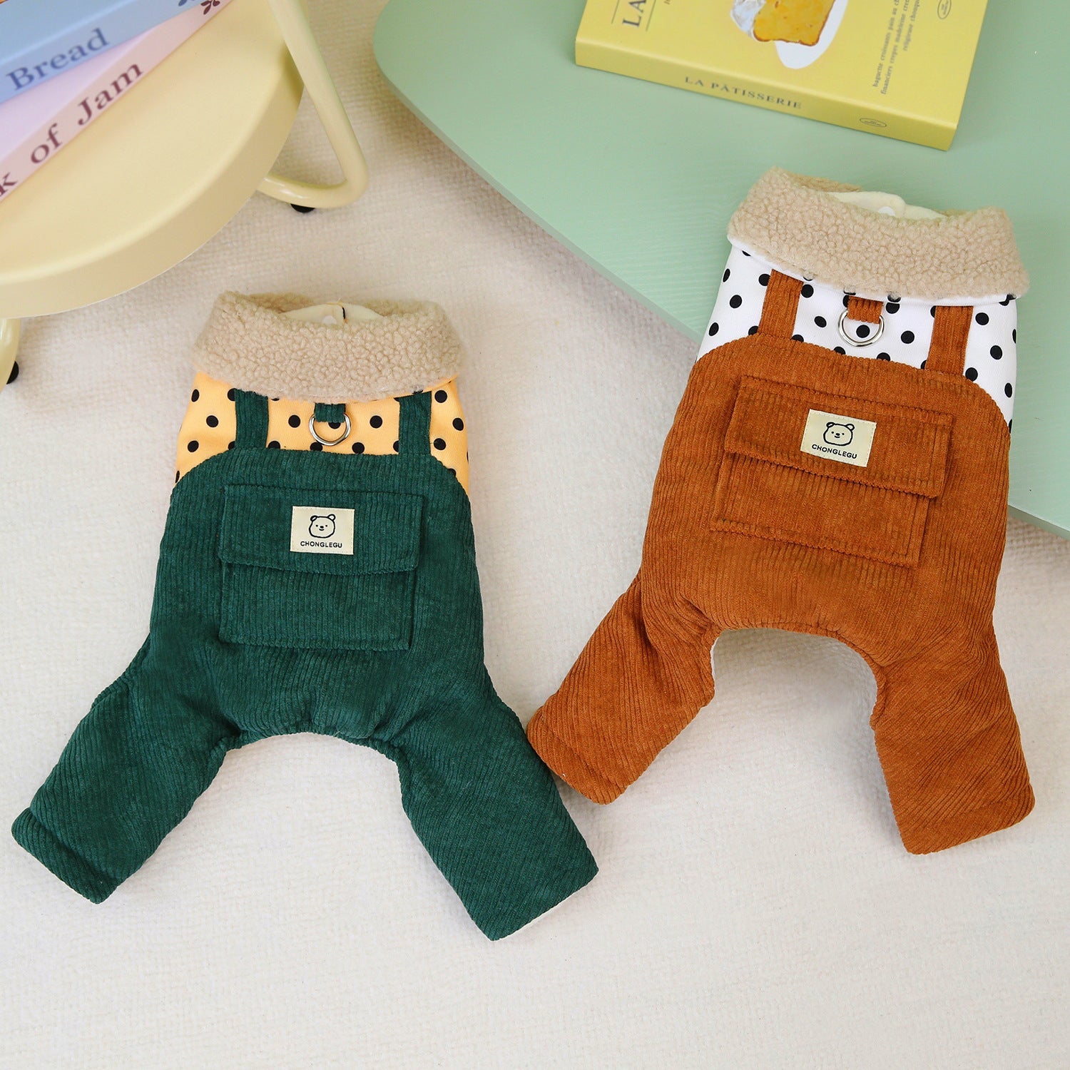 KFX-2320573 Cotton Winter Pet Clothes for Small Dogs - Thickened Four-Legged Design in Dark Green and Brown, Sizes XS-XL