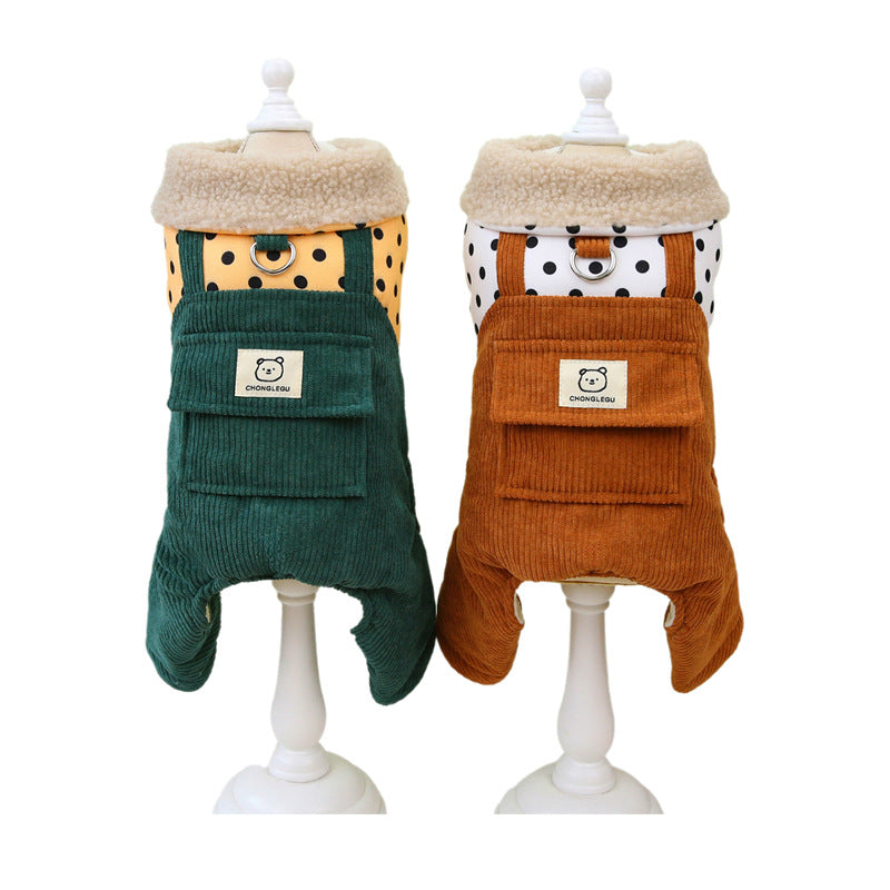 KFX-2320573 Cotton Winter Pet Clothes for Small Dogs - Thickened Four-Legged Design in Dark Green and Brown, Sizes XS-XL