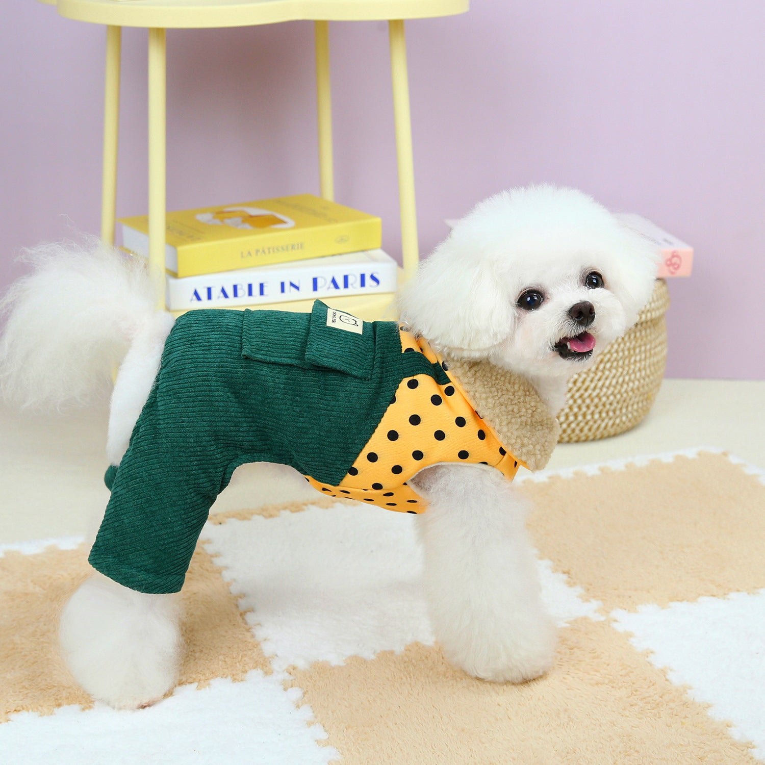 KFX-2320573 Cotton Winter Pet Clothes for Small Dogs - Thickened Four-Legged Design in Dark Green and Brown, Sizes XS-XL