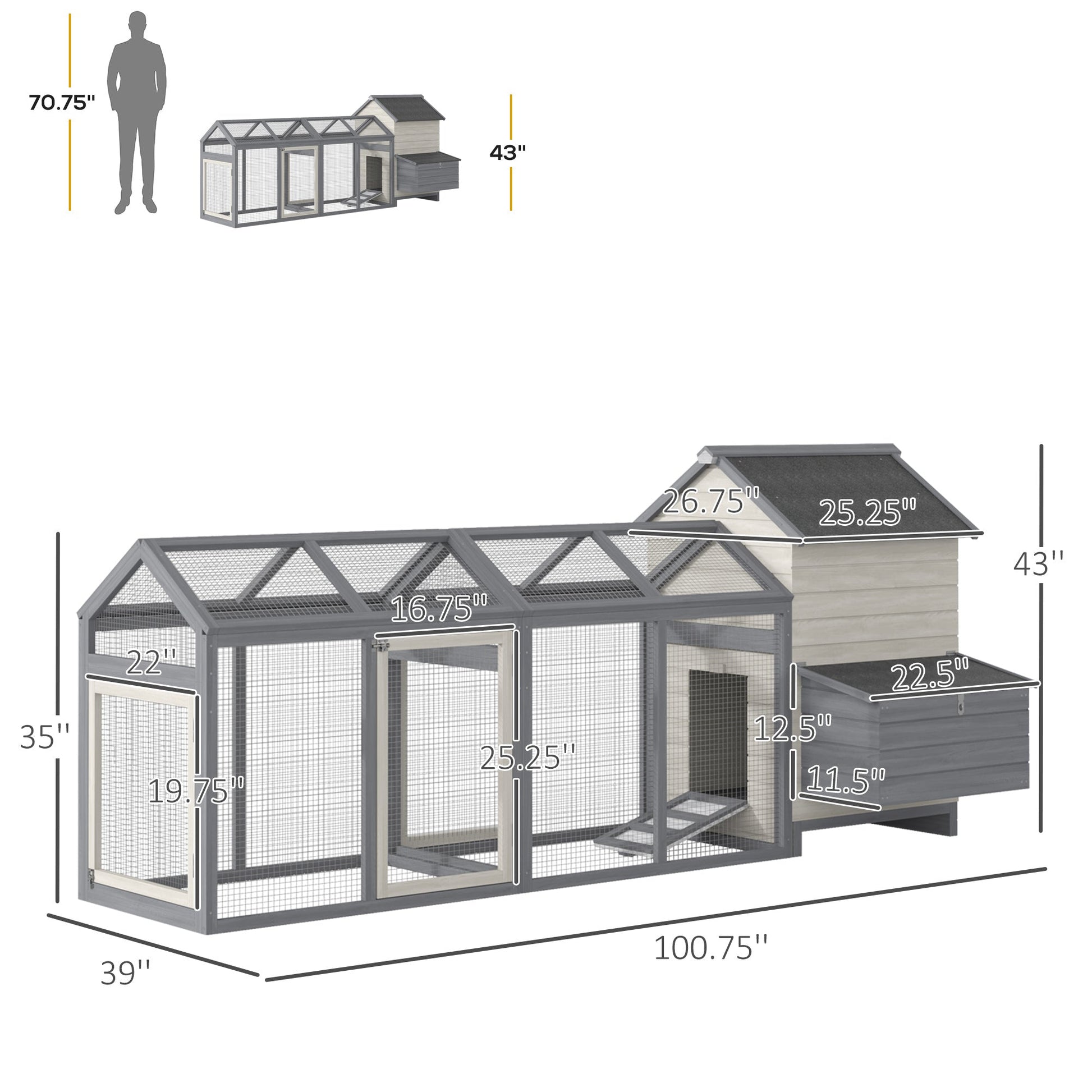 KFX-2325437 Wooden Chicken Coop with Double Run, Nesting Box, Gray - 100" Poultry House for Backyard Hens and Rabbits