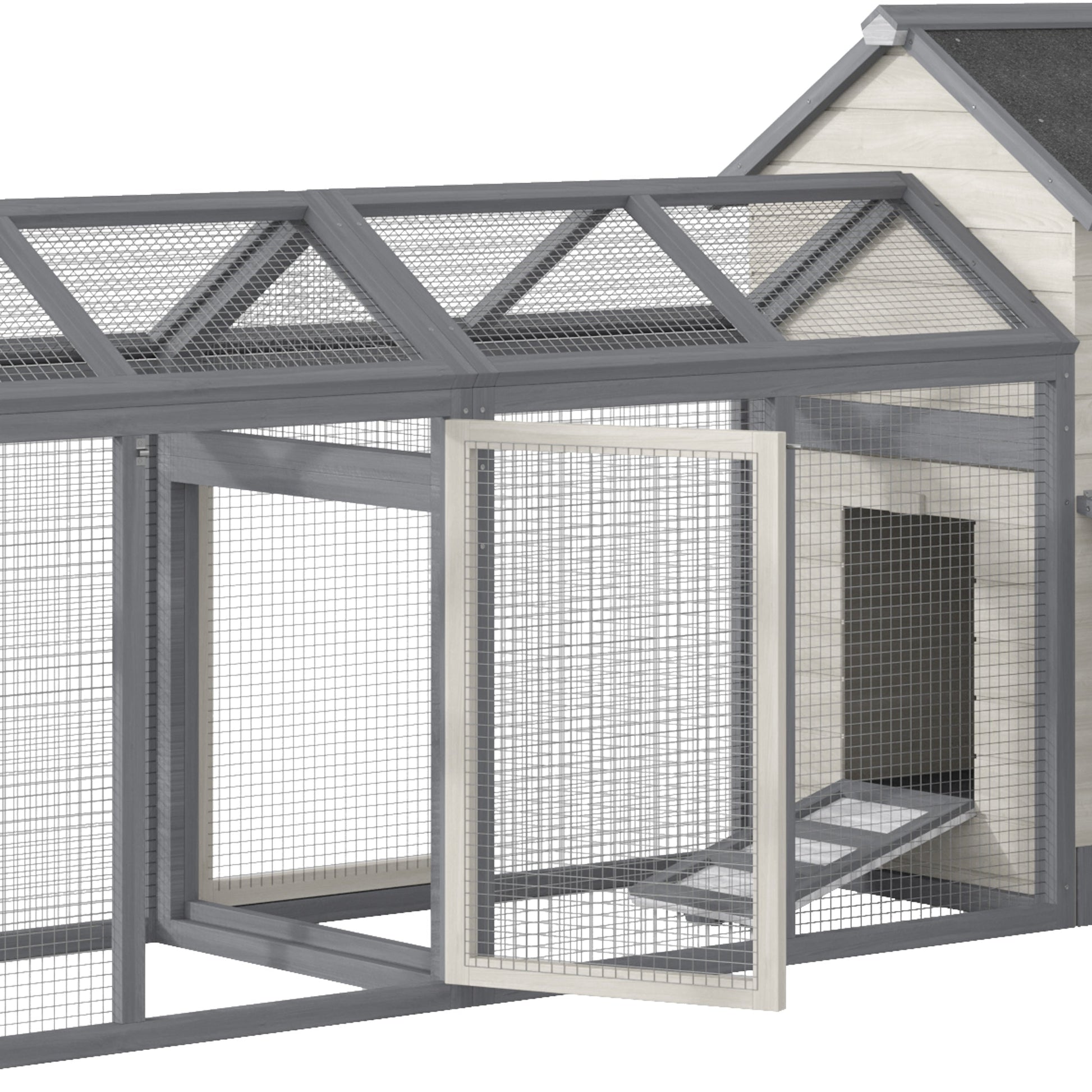 KFX-2325437 Wooden Chicken Coop with Double Run, Nesting Box, Gray - 100" Poultry House for Backyard Hens and Rabbits