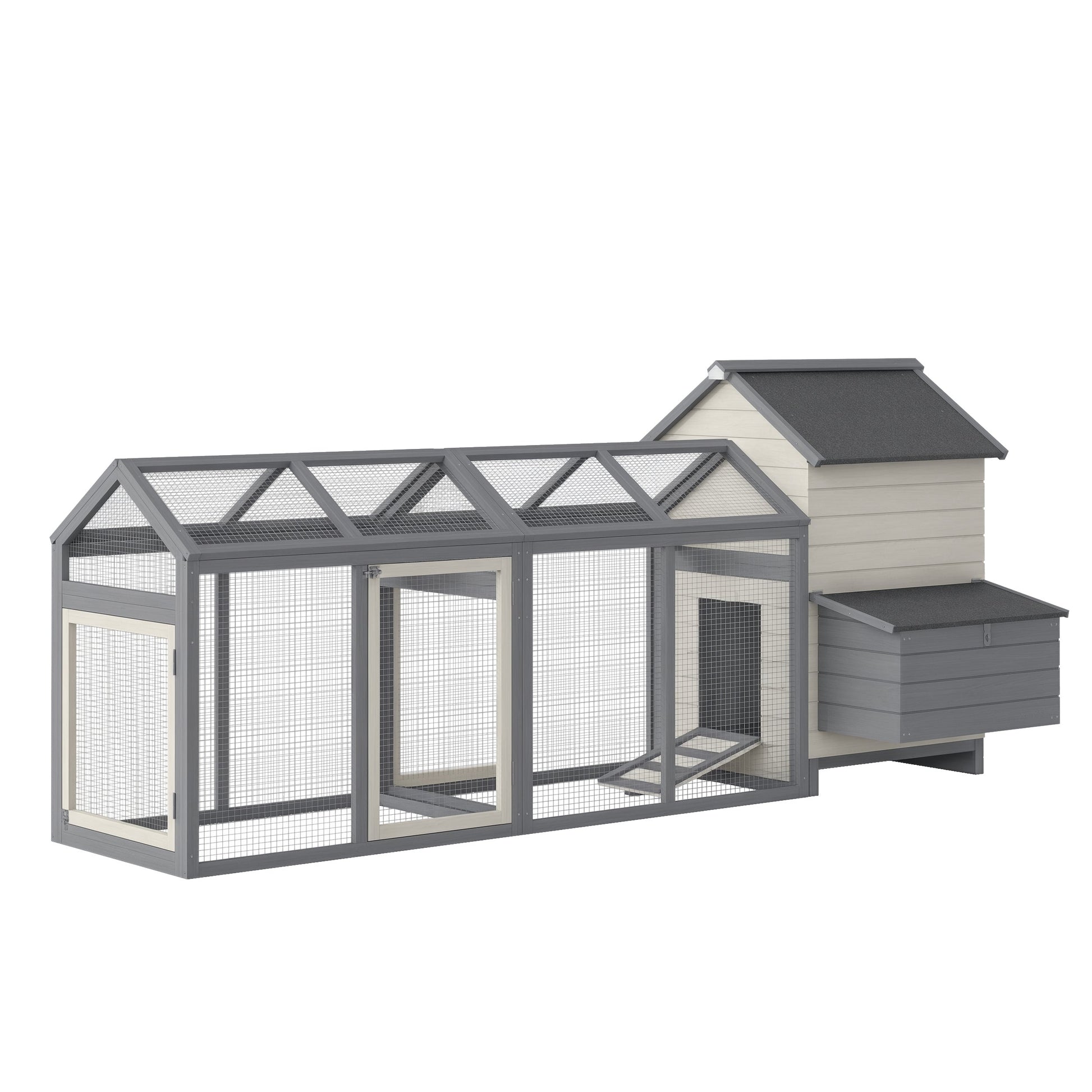 KFX-2325437 Wooden Chicken Coop with Double Run, Nesting Box, Gray - 100" Poultry House for Backyard Hens and Rabbits