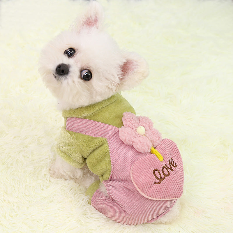 KFX-2328125 Warm Corduroy Flower Print Pants for Pets - Four-Legged Clothing in Pink and Green