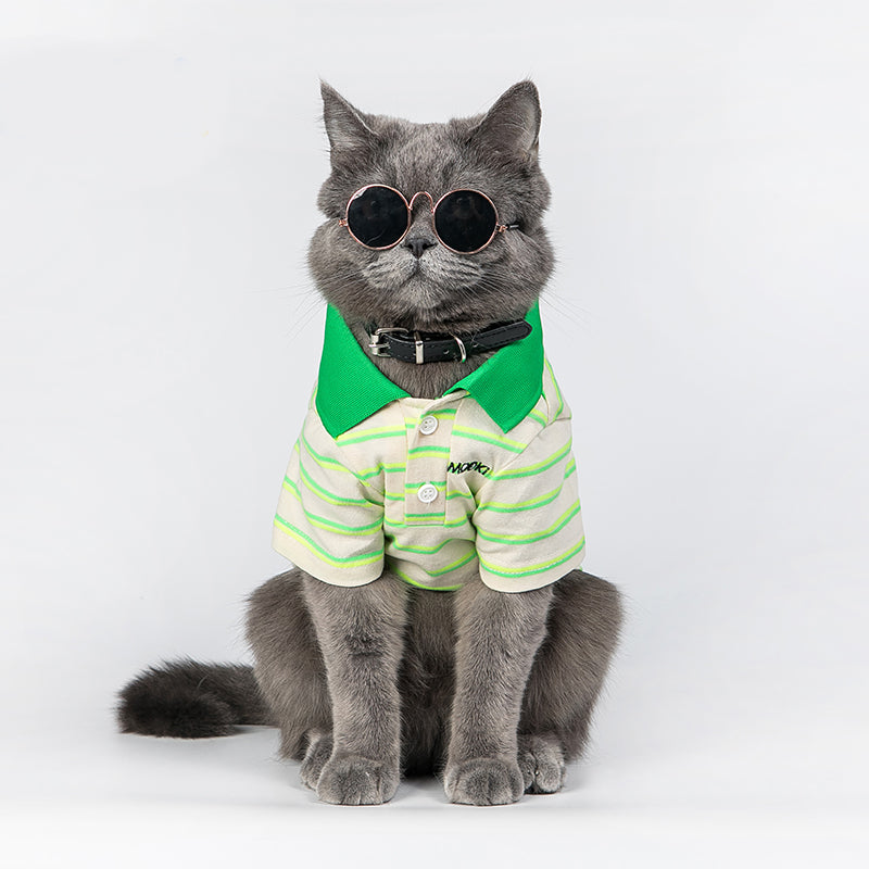 KFX-2332093 Thin Cotton Green Striped Polo Shirt for Pets - Summer Style