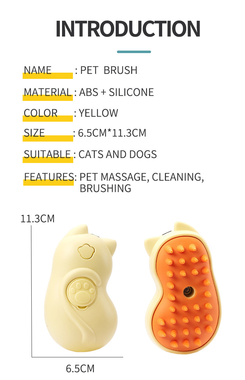 KFX-2333117 One-Click Pet Massage and Cleaning Brush for Cats and Dogs, Yellow ABS Silicone