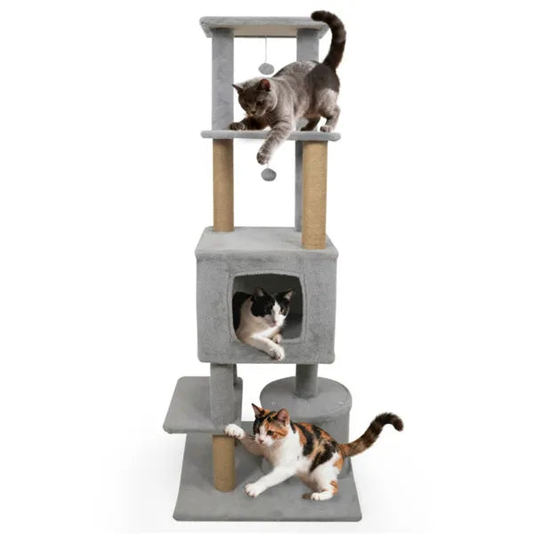 KFX-2336957 Multi-Level Light Gray Cat Tower with Plush Perches, Jute Scratching Posts, and Hanging Toys