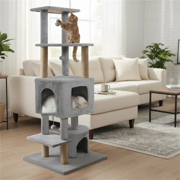 KFX-2336957 Multi-Level Light Gray Cat Tower with Plush Perches, Jute Scratching Posts, and Hanging Toys