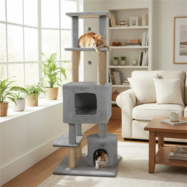 KFX-2336957 Multi-Level Light Gray Cat Tower with Plush Perches, Jute Scratching Posts, and Hanging Toys