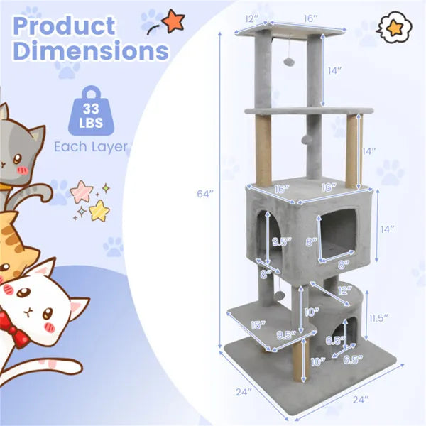 KFX-2336957 Multi-Level Light Gray Cat Tower with Plush Perches, Jute Scratching Posts, and Hanging Toys