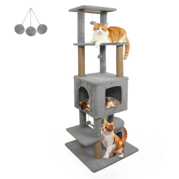 KFX-2336957 Multi-Level Light Gray Cat Tower with Plush Perches, Jute Scratching Posts, and Hanging Toys