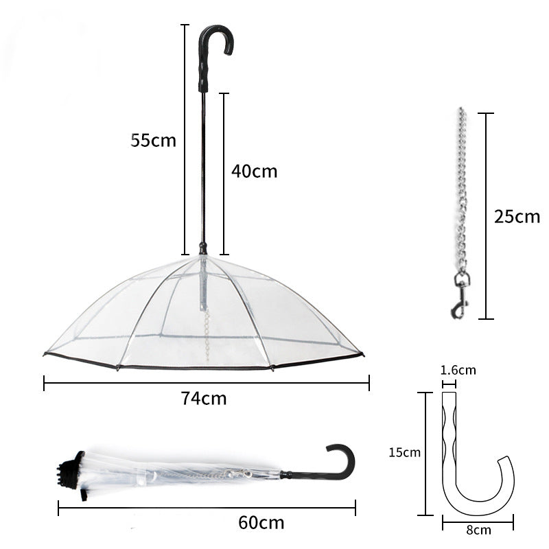 KFX-2337085 Transparent Dog Umbrella with Removable Traction Chain