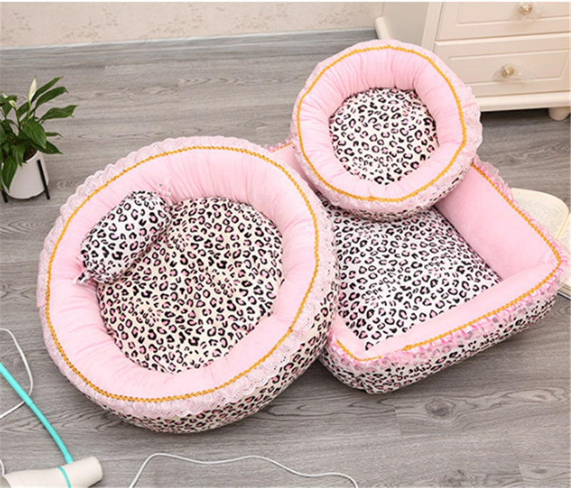 KFX-2337341 Pink Leopard Pattern Lace Dog and Cat House - Square & Round Nest Options