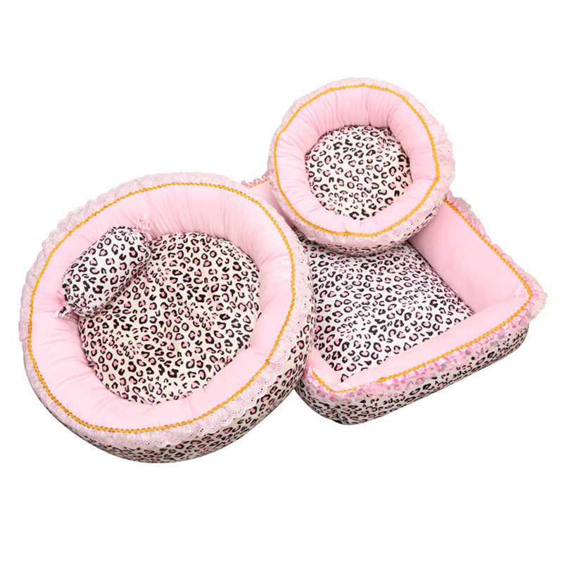 KFX-2337341 Pink Leopard Pattern Lace Dog and Cat House - Square & Round Nest Options