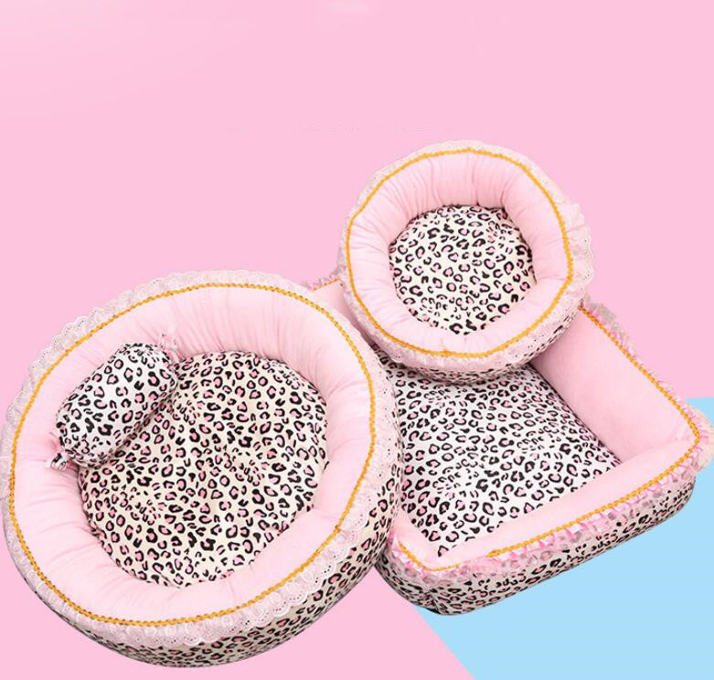 KFX-2337341 Pink Leopard Pattern Lace Dog and Cat House - Square & Round Nest Options