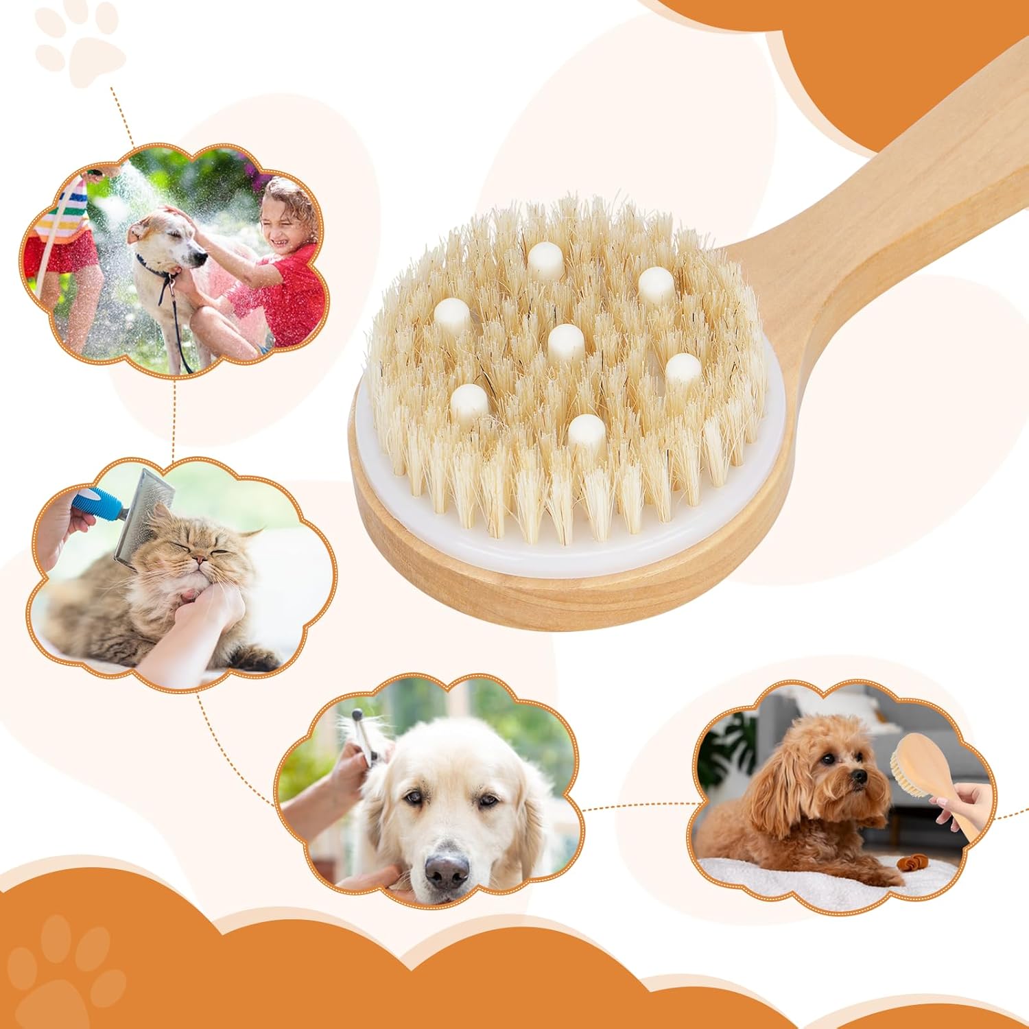 KFX-2340541 Pet Grooming Shower Brush with Wooden Handle and Natural Bristles for Dogs and Cats