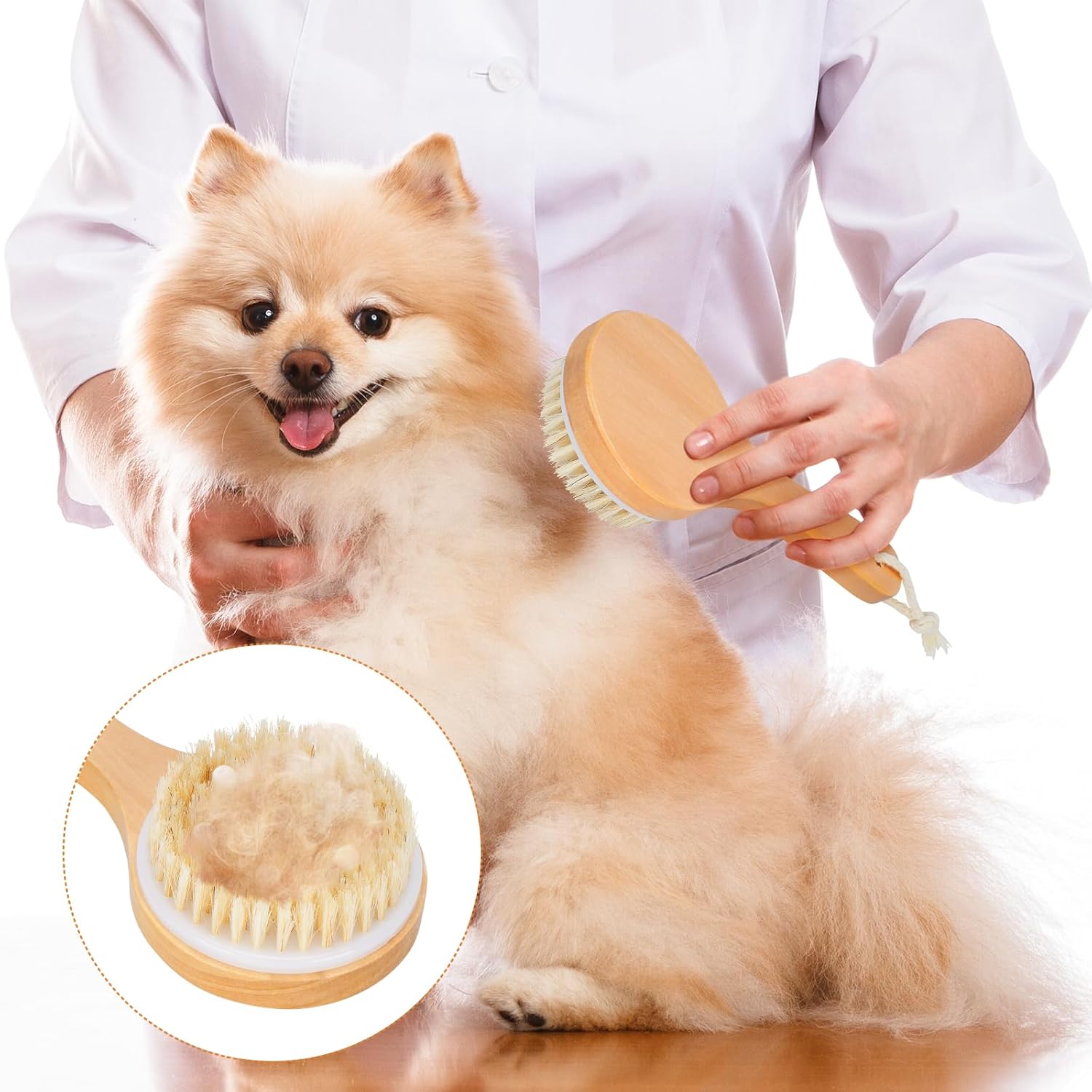 KFX-2340541 Pet Grooming Shower Brush with Wooden Handle and Natural Bristles for Dogs and Cats